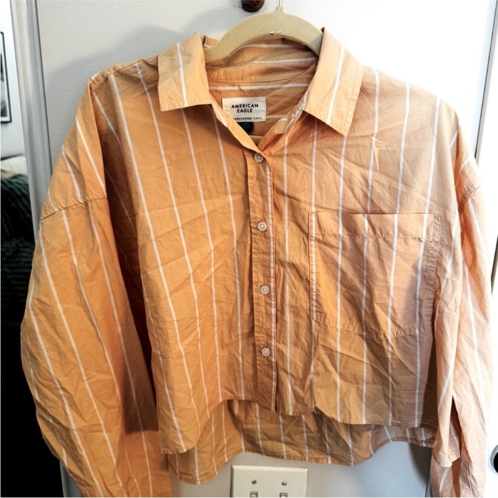 American Eagle Cropped Button Down Peach Stripe L - Picture 2 of 4